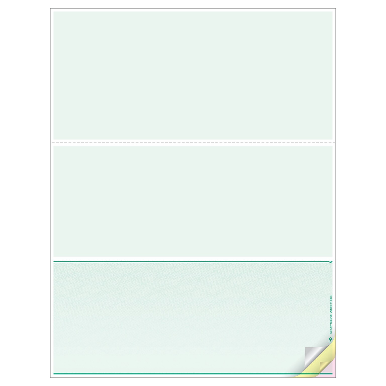 Blank Laser Bottom Check, 3 Part, 8 1/2 x 11, Green, 500 Checks/Pack
