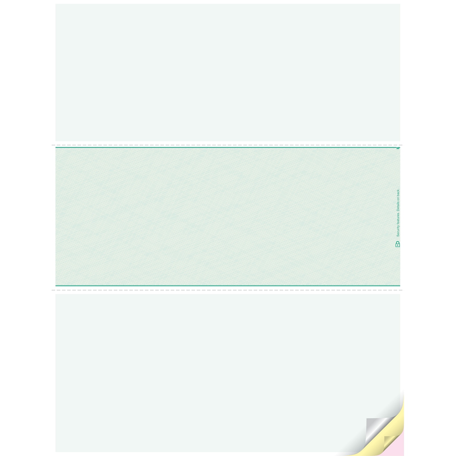 Blank Laser Middle Check, 3 Part, 8 1/2 x 11, Green, 500 Checks/Pack
