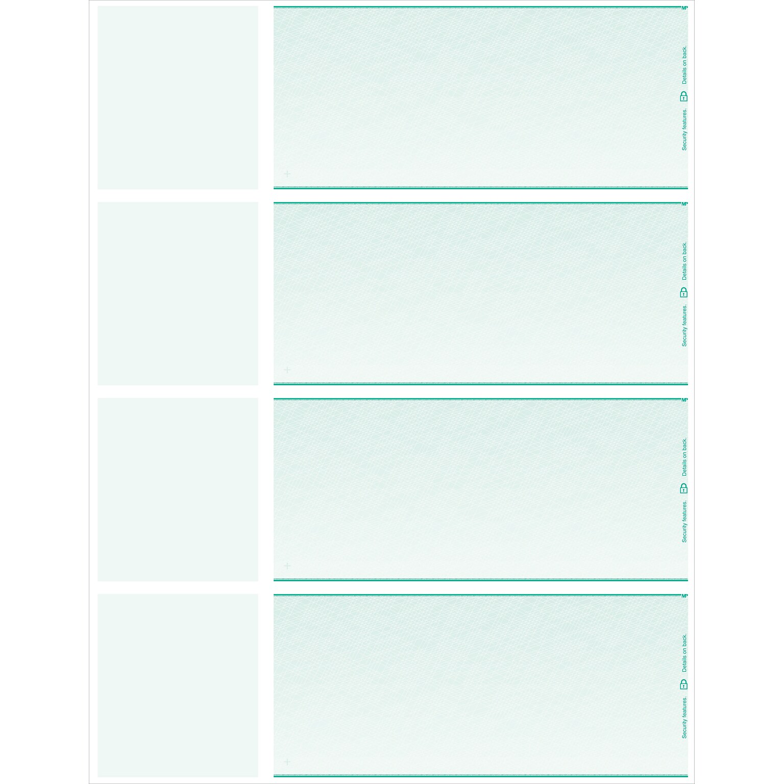 Blank Laser Wallet Check, 1 Part, 8 1/2 x 11, Green, 1000 Checks/Pack