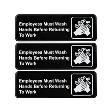 Excello Global Products Employees Must Wash Hands Indoor Wall Sign, 9 x 3, Black/White, 3/Pack (EG