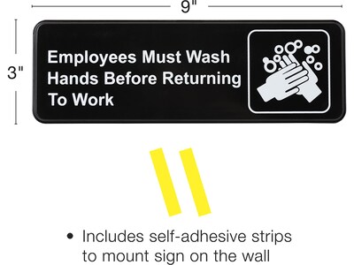 Excello Global Products Employees Must Wash Hands Indoor Wall Sign, 9" x 3", Black/White, 3/Pack (EGP-HD-0049-S)