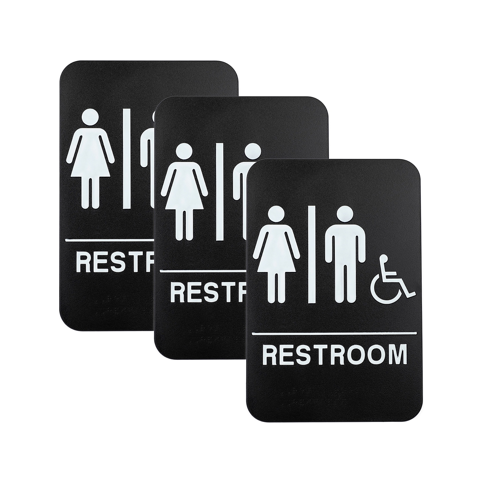 Excello Global Products Restroom Sign with Braille Indoor/Outdoor Wall Sign, 6 x 9, Black/White, 3/Pack (EGP-HD-0036-S)