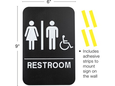 Excello Global Products Restroom Sign with Braille Indoor/Outdoor Wall Sign, 6" x 9", Black/White, 3/Pack (EGP-HD-0036-S)