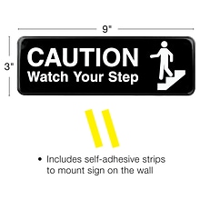Excello Global Products Caution Watch Your Step Indoor/Outdoor Wall Sign, 9 x 3, Black/White, 3/Pa
