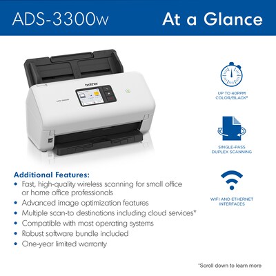 Brother ADS3300W Wireless Duplex Document Scanner, White/Black