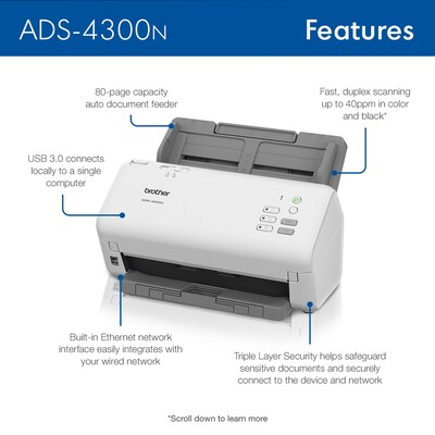 Brother ADS-4300N Duplex Document Scanner, Gray