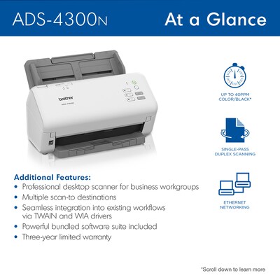 Brother ADS-4300N Duplex Document Scanner, Gray