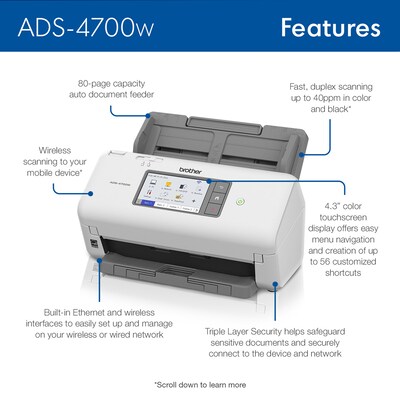 Brother ADS-4700W Duplex Document Scanner, White/Black