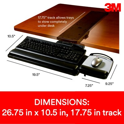 3M Knob Adjust Keyboard Tray, 26.75 x 10.5 Adjustable Platform, 17.75 Track, Black, Wrist Rest an