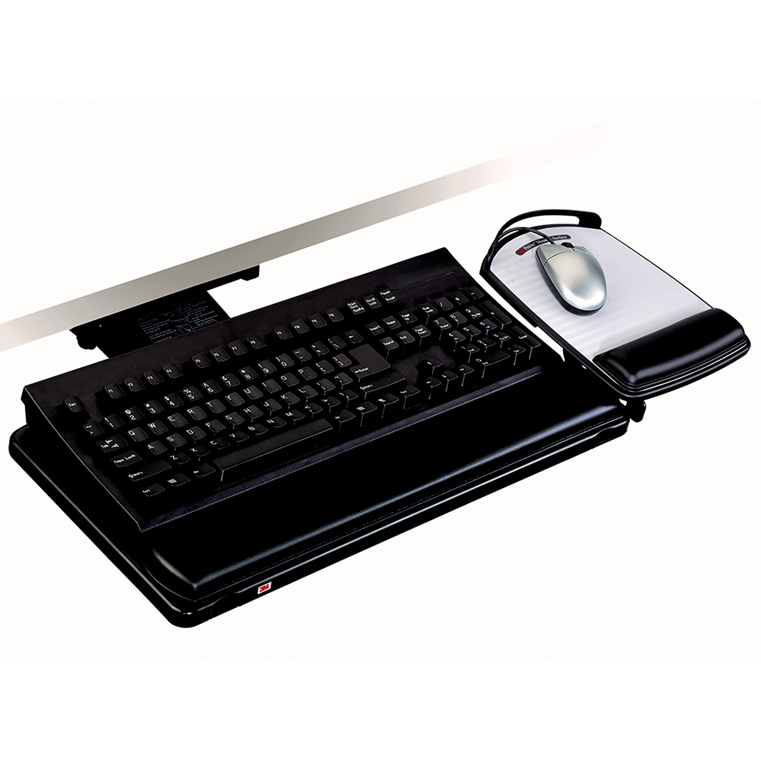 3M Knob Adjust Keyboard Tray, 26.75 x 10.5 Adjustable Platform, 17.75 Track, Black, Wrist Rest and Mouse Pad (AKT80LE)