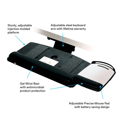 3M Knob Adjust Keyboard Tray, 26.75" x 10.5" Adjustable Platform, 17.75" Track, Black, Wrist Rest and Mouse Pad (AKT80LE)