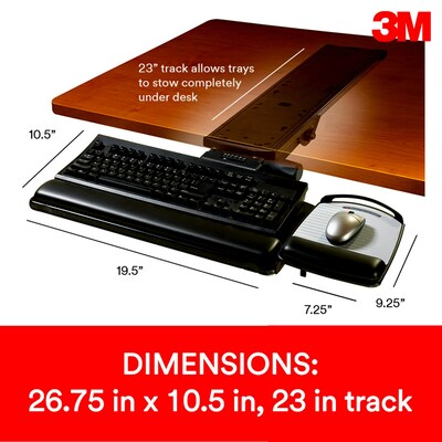 3M™ Easy Adjust Keyboard Tray, 26.75" x 10.5" Adjustable Platform, 23" Track, Black, Wrist Rest and Mouse Pad (AKT150LE)