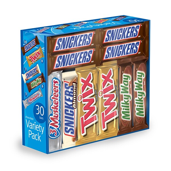 Mars Variety Pack SNICKERS, TWIX, 3 MUSKETEERS & MILKY WAY Milk Chocolate Candy Bar, 55 oz., 30 (220-00085)