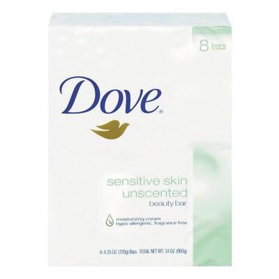 Dove® Sensitive Skin Bath Bar, Unscented, 4.5 oz Bar, 8 Bars/Pack, 9 Packs/Carton