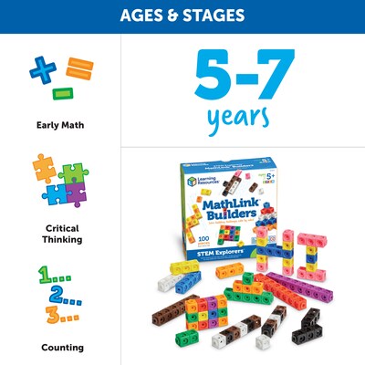 Learning Resources STEM Explorers MathLink Builders, Assorted Colors, 100 Pieces/Set (LER 9294)