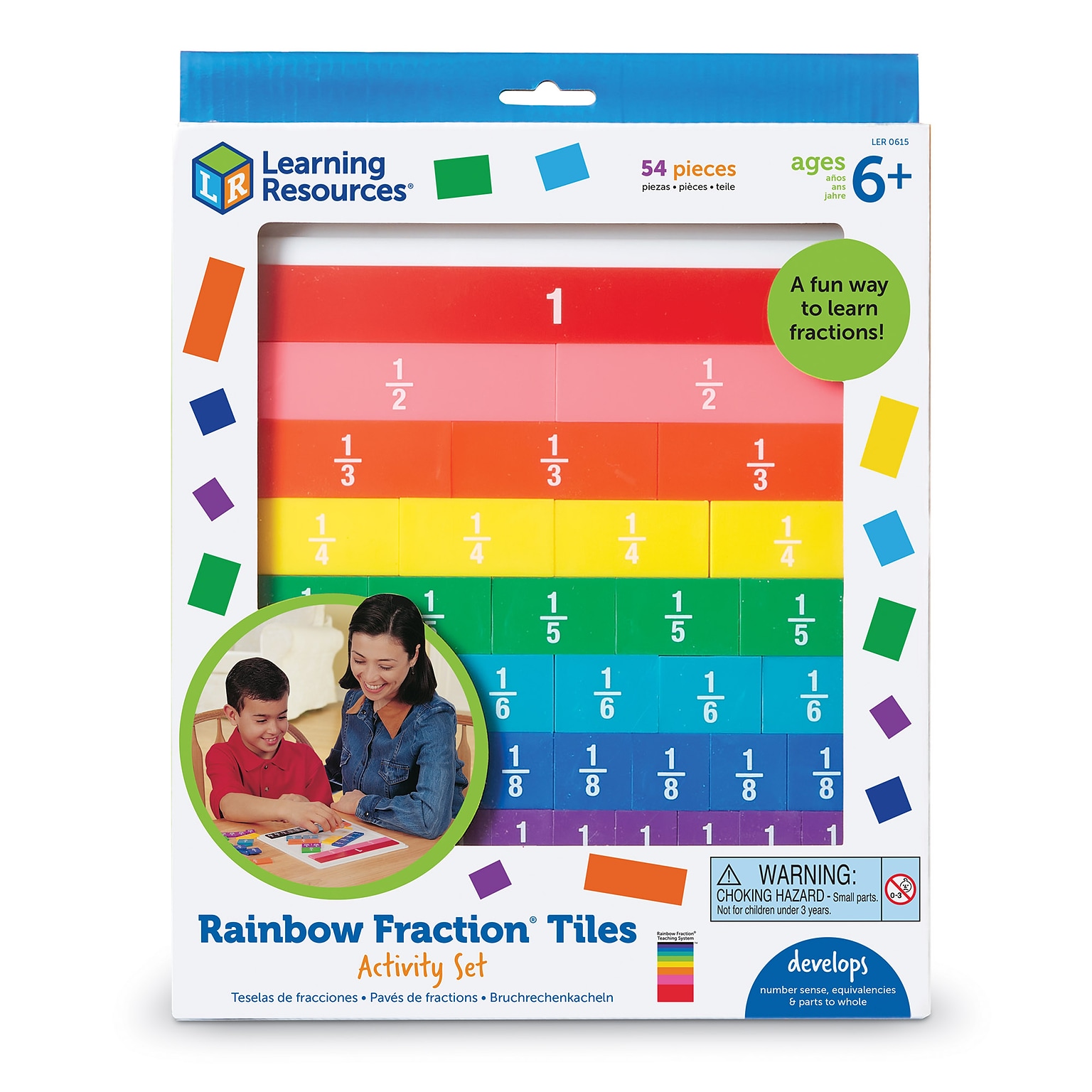 Learning Resources Rainbow Fraction Tiles Early Math Skills Manipulative, Assorted Colors, 54 Pieces/Set (LER0615)