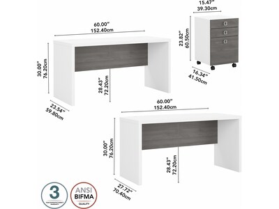 Bush Business Furniture Echo Bow Front Desk and Credenza with Mobile File Cabinet, Pure White/Modern Gray (ECH010WHMG)