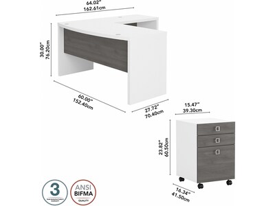 Bush Business Furniture Echo 60"W L Shaped Bow Front Desk with Mobile File Cabinet, Pure White/Modern Gray (ECH007WHMG)