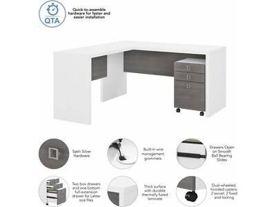 Bush Business Furniture Echo 60"W L Shaped Desk with Mobile File Cabinet, Pure White/Modern Gray (ECH008WHMG)