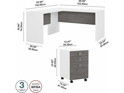 Bush Business Furniture Echo 60"W L Shaped Desk with Mobile File Cabinet, Pure White/Modern Gray (ECH008WHMG)