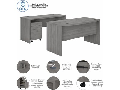 Bush Business Furniture Echo 60"W Bow Front Desk and Credenza with Mobile File Cabinet, Modern Gray (ECH010MG)