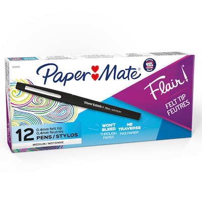 Paper Mate Flair Felt Pens, Medium Point, 0.7mm, Black Ink, Dozen (8430152)