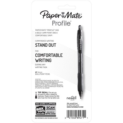 Paper Mate Profile Retractable Ballpoint Pen, Bold Point, Black Ink, 4/Pack (89471)