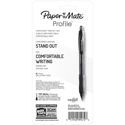 Paper Mate Profile Retractable Ballpoint Pen, Bold Point, Blue Ink, 4/Pack (89472)