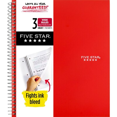 Five Star 3-Subject Notebooks, 8" x 10.5", Wide Ruled, 150 Sheets, Each (51014)