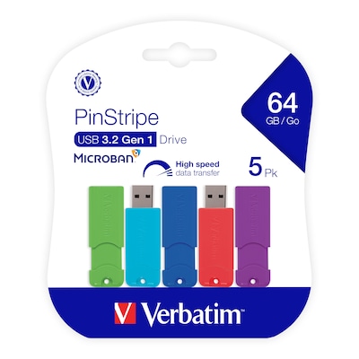 Verbatim PinStripe 64GB USB 3.2 Type-A Flash Drive, Assorted Colors, 5/Pack (70389)