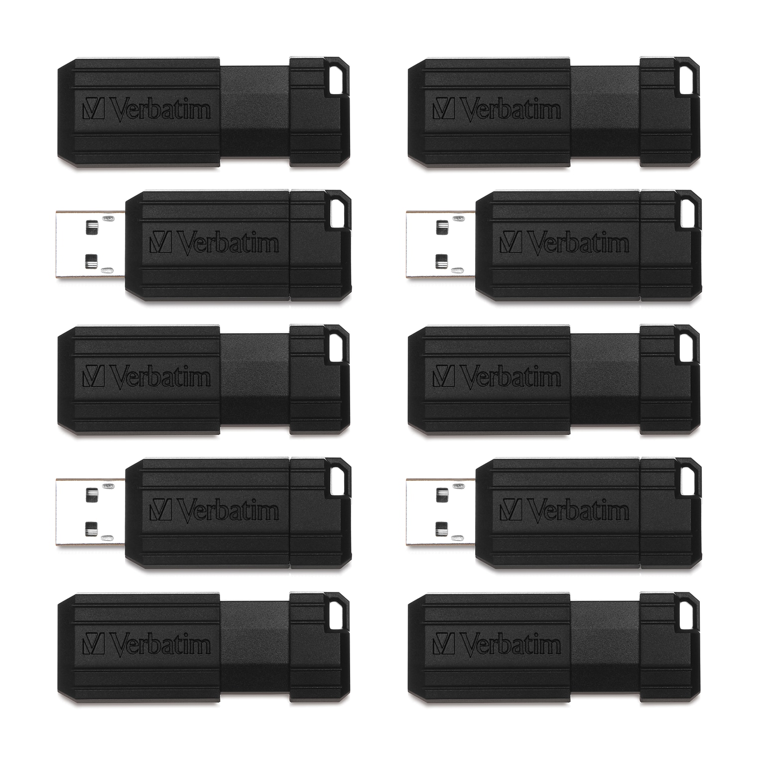 Verbatim PinStripe 64GB USB 2.0 Type A Flash Drive, Black, 10/Pack (70901)