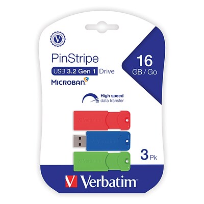 Verbatim PinStripe 16GB USB 3.2 Gen 1 Flash Drives, 3/Pack (70386)