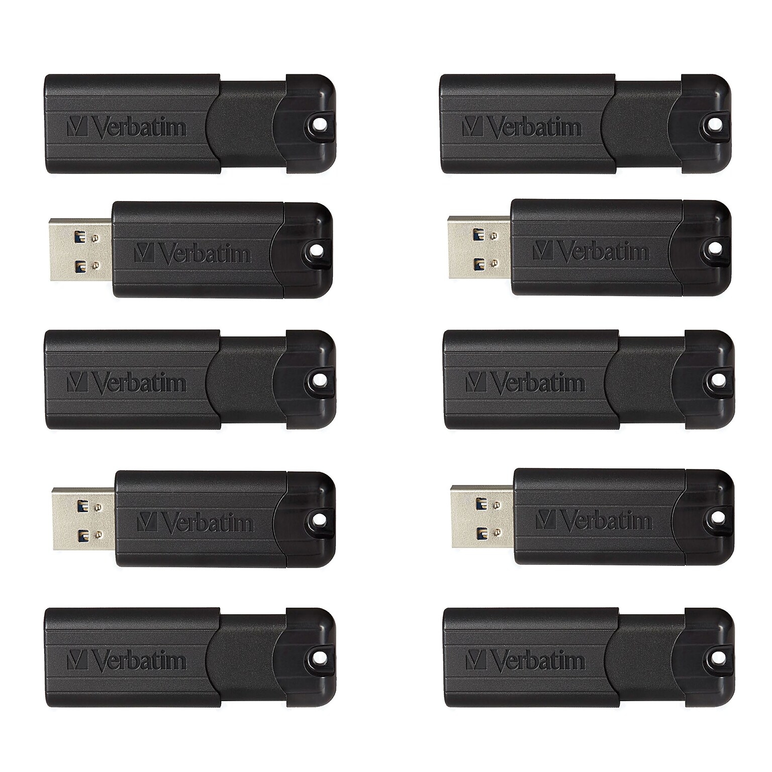 Verbatim PinStripe 32GB USB 3.2 Type-A Flash Drives, Black, 10/Pack (70902)