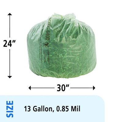 Stout EcoSafe-6400 13 Gallon Industrial Trash Bag, 24" x 30", Low Density, 0.85 mil, Green, 45 Bags/Box, 3 Rolls