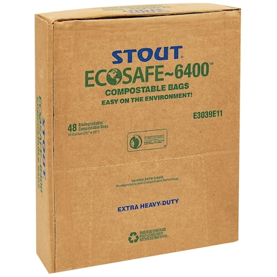 Stout EcoSafe-6400 13 Gallon Industrial Trash Bag, 24" x 30", Low Density, 0.85 mil, Green, 45 Bags/Box, 3 Rolls