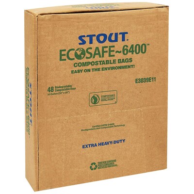 Stout EcoSafe-6400 13 Gallon Industrial Trash Bag, 24" x 30", Low Density, 0.85 mil, Green, 45 Bags/Box, 3 Rolls