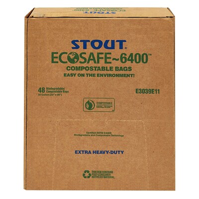 Stout EcoSafe-6400 13 Gallon Industrial Trash Bag, 24" x 30", Low Density, 0.85 mil, Green, 45 Bags/Box, 3 Rolls