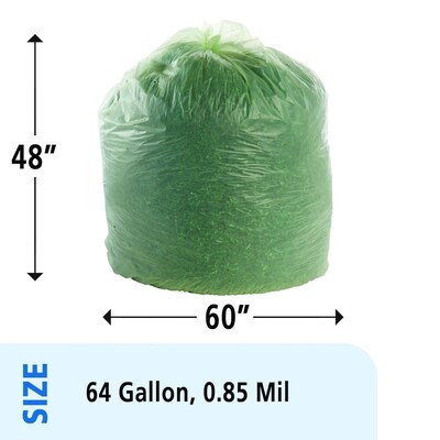 Stout EcoSafe-6400 64 Gallon Compostable Industrial Trash Bag, 48" x 60", Low Density, 0.85 mil, Green, 30 Bags/Box