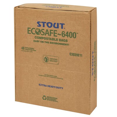 Stout EcoSafe-6400 64 Gallon Compostable Industrial Trash Bag, 48" x 60", Low Density, 0.85 mil, Green, 30 Bags/Box