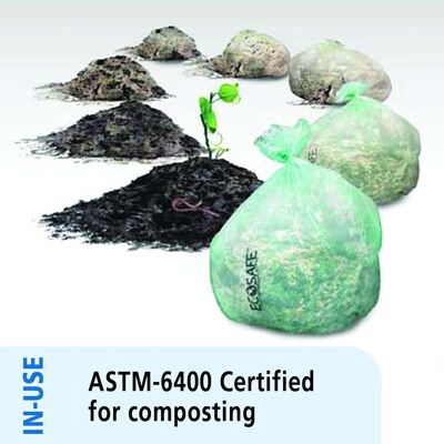 Stout EcoSafe-6400 64 Gallon Compostable Industrial Trash Bag, 48" x 60", Low Density, 0.85 mil, Green, 30 Bags/Box