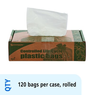 Stout Controlled Life Cycle 13 Gallon Compostable Industrial Trash Bag, 24" x 30", Low Density, White, 120 Bags/Box, 3 Rolls