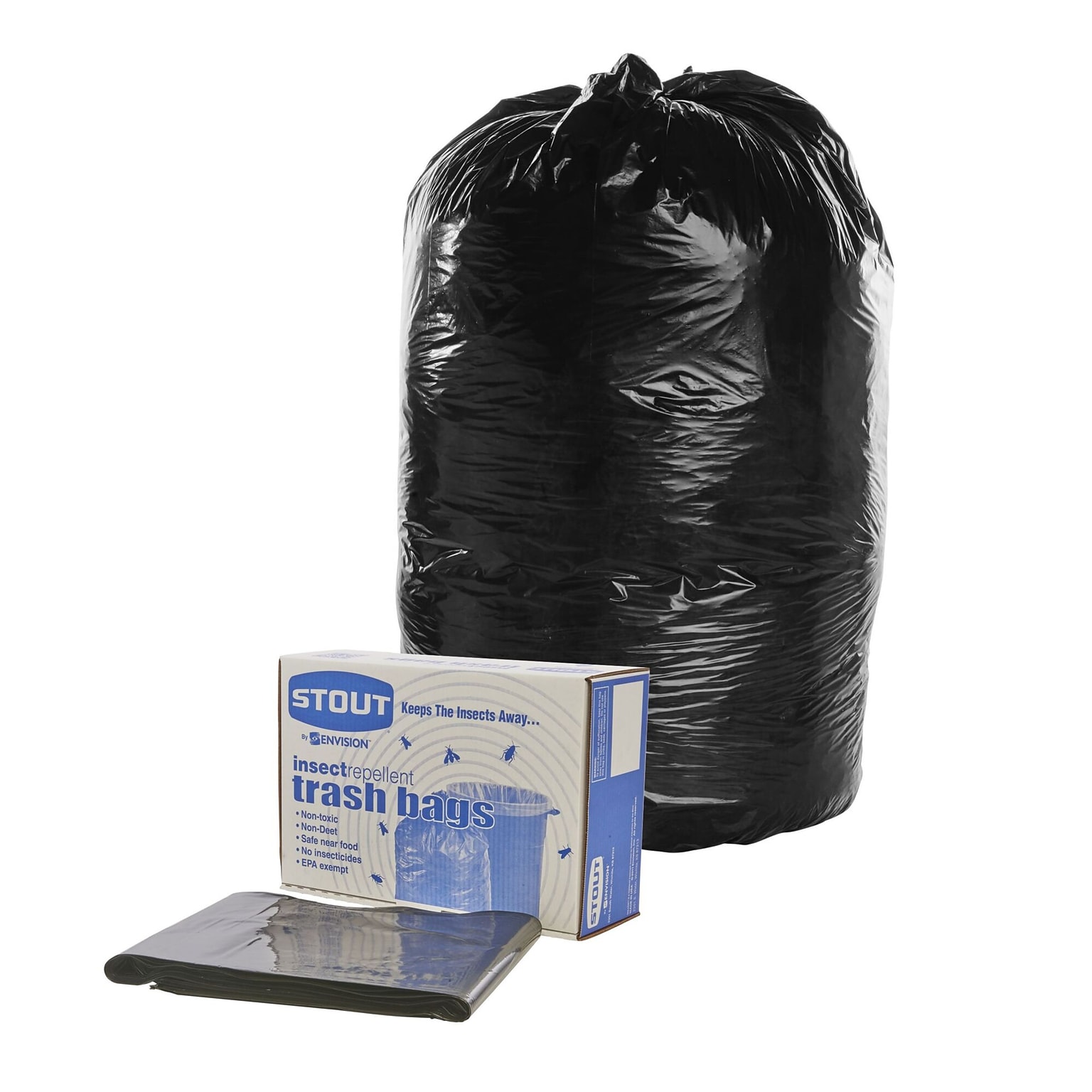 Stout Insect Repellent 45 Gallon Industrial Trash Bag, 45 x 33, Low Density, 2 mil, Black, 65 Bags/Box (STOP4045K20)