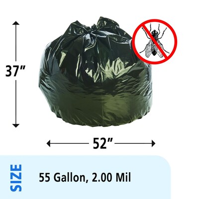Stout Insect Repellent 55 Gallon Industrial Trash Bag, 37 x 52, Low Density, 2 mil, Black, 65 Bags