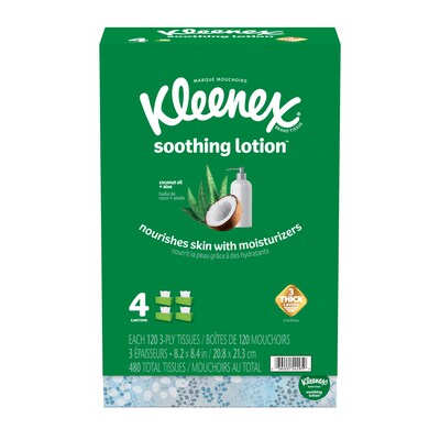 Kleenex Lotion Facial Tissue, 3-ply, 120 Sheets/Box, 4 Boxes/Pack (50179)