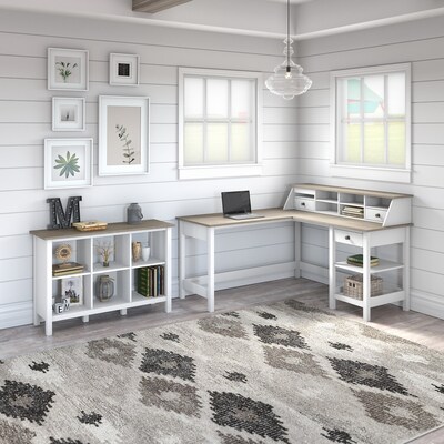 Bush Furniture Mayfield 60W L Shaped Computer Desk with Desktop Org and 6 Cube Bookcase, Shiplap Gr