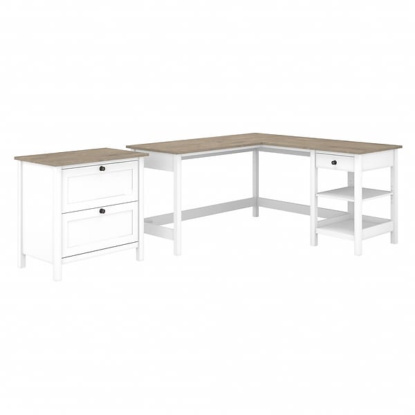 Bush Furniture Mayfield 60 L-Shaped Computer Desk with 2-Drawer Lateral File Cabinet, Pure White/Shiplap Gray (MAY011GW2)