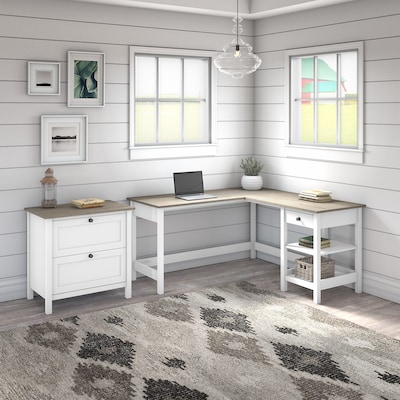 Bush Furniture Mayfield 60"W L Shaped Computer Desk with 2 Drawer Lateral File Cabinet, Shiplap Gray/Pure White (MAY011GW2)