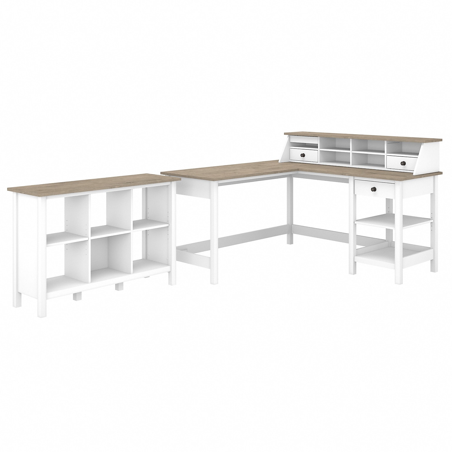 Bush Furniture Mayfield 60 L-Shaped Computer Desk with Desktop Organizer and 6-Cube Bookcase, Pure White/Gray (MAY013GW2)