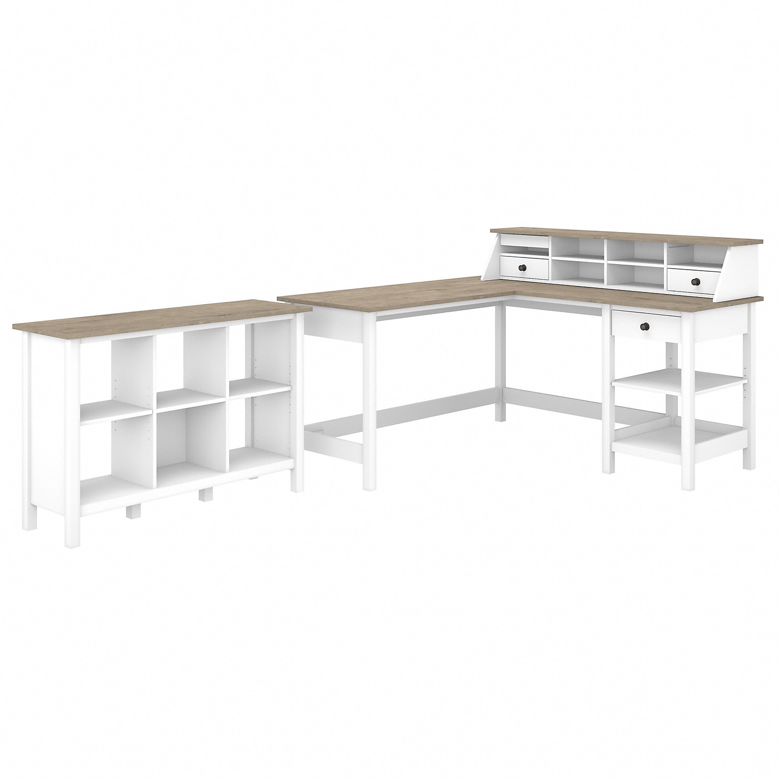 Bush Furniture Mayfield 60W L Shaped Computer Desk with Desktop Org and 6 Cube Bookcase, Shiplap Gray/Pure White (MAY013GW2)