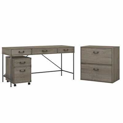 kathy ireland® Home by Bush Furniture Ironworks 60W Writing Desk with File Cabinets, Restored Gray (IW016RTG)